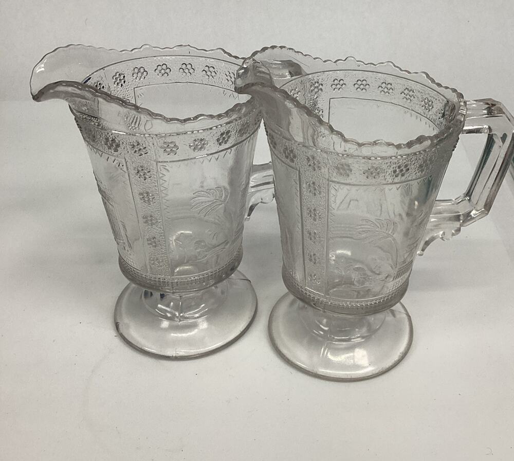 2 Antique Victorian 1880s Adams & Co. EAPG “Egyptian” Pattern Glass Pitcher – 6”